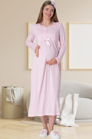 Mecit Pijama Mecit 5417 Pembe Uzun Sabahlıklı Lohusa Gecelik Takımı