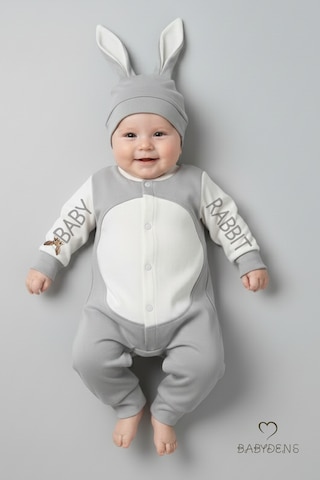 Babyden's Bebek Tavşanlı Tulum Şapka Set %100 Pamuklu Çıtçıtlı,ayarlanır Ponponlu Unisex Yenidoğan Tulum Seti Gri