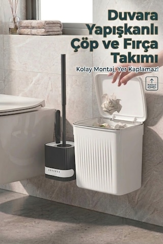 Banyo Çöp Kovası Ve Klozet Fırçası Duvara Yapıştırmalı Antrasit Fırça Antrasit-beyaz