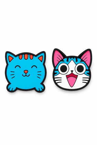 Kemboss Mavi Kedi Ve Happy Kedi Bardak Altlığı Seti 4'lü - Pvc Kaydırmaz Bardak Altlığı 2 Mavi Kedi + 2 Happy Kedi