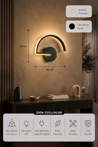 Mori Modern Led Duvar Apliği Günışığı Siyah
