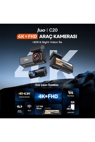 Juo C20 4k 2 Kameralı Uhd Ön + Fhd Arka Wifi Gps Hdr 170 Derece Geniş Açı Gece Görüşlü Ekranlı Araç İçi Kamera