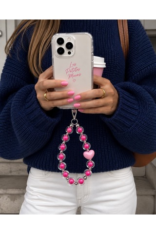 Les Petites Mains Pembe Kalp Detaylı Boncuklu Telefon Charmı El Yapımı Telefon Askısı