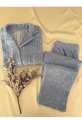 Mh Moony Homewears Ron Mavi Üzerine Yıldız Polar Yumuşacık Termal Pijama Takımı Mavi