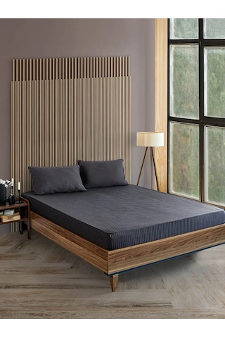 Antrasit Pamuklu Çizgili Saten Lastikli Çarşaf Takımı Tek Kişilik + 1 Yastık Kılıfı Antrasit