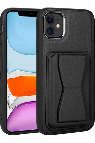Apple Uyumlu iPhone 11 Kartlıklı Standlı Pu Deri Bth Memo Kılıf-siyah