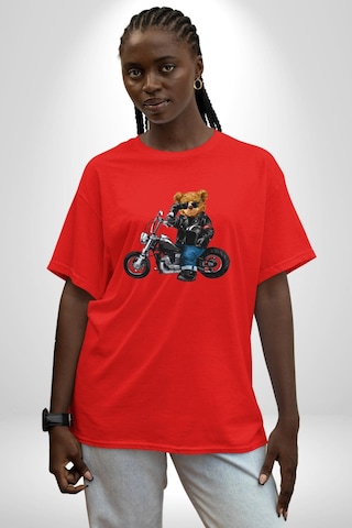 Kask Güneş Gözlüğü Motor Ayı Pamuklu Bisiklet Yaka Unisex Oversize Boyfriend Dijital Baskılı Kırmızı T-shirt Kırmızı
