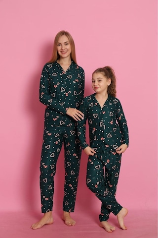 Free Beka Yılbaşı Desenli Uzun Kollu Önden Düğmeli Gömlek Yaka Anne Kız Pijama Takımı Yeşil