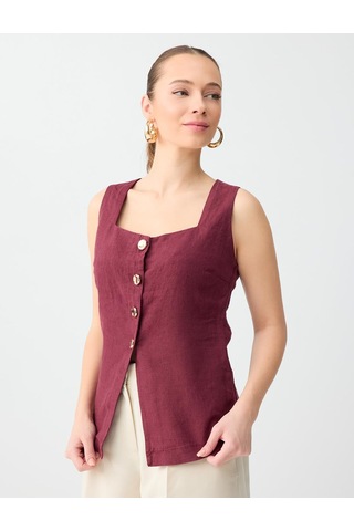 Jimmy Key Jimmy Key Bordo %100 Keten Parlak Düğme Detaylı Düz Kesim Yelek 6sw306649562