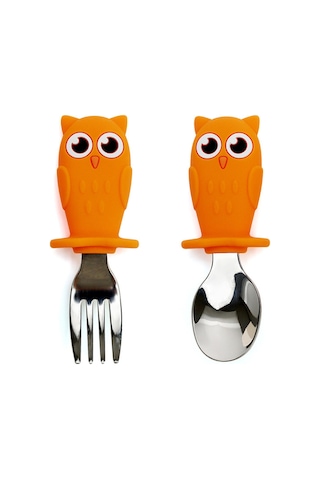 Turuncu Baykuş Figürlü Premium Çocuk Bpa Free Silikon Sap Paslanmaz Çelik Uçlu Çatal-kaşık Set 9+ Ay