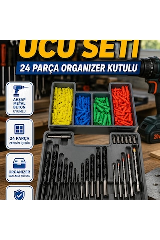 24 Parça Matkap Ucu Seti Organizer Kutulu Ahşap Metal Beton Delme Seti
