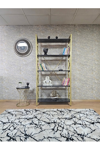 Gold Boyalı Kitaplık - 5 Raflı Suntalem Lüks Kitaplık Siyah Merme Çok Renkli