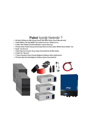 Güneş Enerjisi Solar Paketi 11kva İnverter 550 Watt Güneş Paneli 48v 100 Amper Lityum Akü