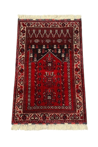 El Dokuma Sıfır Afgan Halısı Seccade 77x120 Kök Boya Kırmızı Yün Namazlık