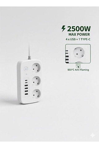 2500w Çoklu Priz 2 Metre 3 Lü Ac Priz +5 Usb Çıkışı Akım Korumalı Alev Almayan Gövde,