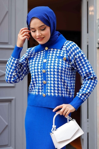 Bestenur Jeli Elbise Hırka İkili Triko Takım 1220 - Saks Mavisi Saks Mavi