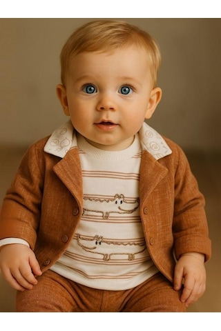 Erkek Bebek Pamuklu Timsah Desenli Body Ceket Pantolon 3'lü Takım-16289 Kahverengi