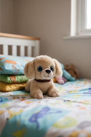 Sesli Havlayan Yavru Köpek Peluş Oyuncak 25 Cm Mavi İri Gözlü - Hediye Ve Uyku Arkadaşı Bej