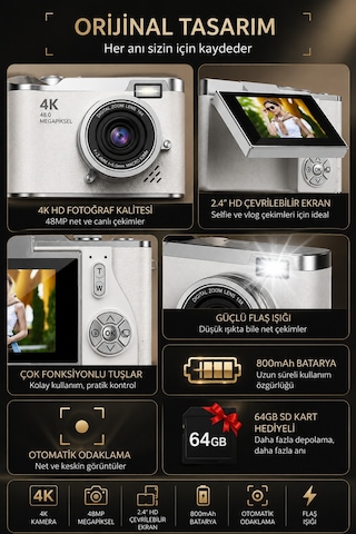 4k Ultra Hd Dijital Fotoğraf Makinesi 64mp, 18x Dijital Zoom, 180 Döner Ekran, Selfie & Vlog Kamerası
