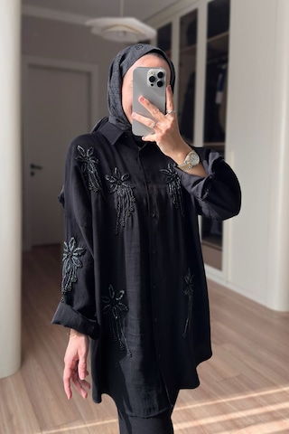 Kahijab Stella Boncuk İşlemeli Gömlek - Siyah