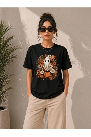 Defymoda Balkabağı Hayalet Baskılı Tişört Kısa Kol Yazlık T-shirt - Siyah