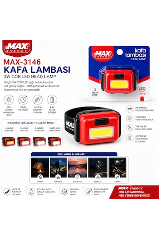 Pilli 3w Cob Led Kafa Lambası Fener 3-kademe Işık Ayarı- Flaşör 4.5v 120lümen 5639