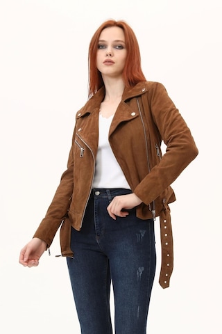 Leatinn Biker Taba Kadın Deri Mont