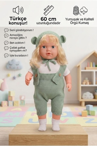Konuşan Bebeğim 60 Cm Türkçe Konuşan Örgü Tulum Ve Şapkalı Kafası Bacakları Kolları Et Oyuncak Bebek 24028453