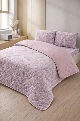 Formeya Kapitoneli Çift Kişilik Desenli Pike - Yatak Örtüsü Takımı 200x230 Cm - 2 Adet Yastık Kılıflı Lila Mor Açık Indigo
