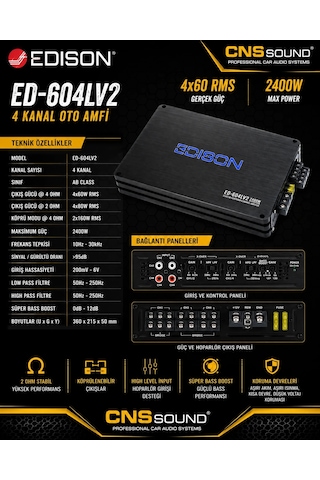 Edison Ed-604lv2 4 Kanal Ab Class Oto Amfi 4x60 Rms