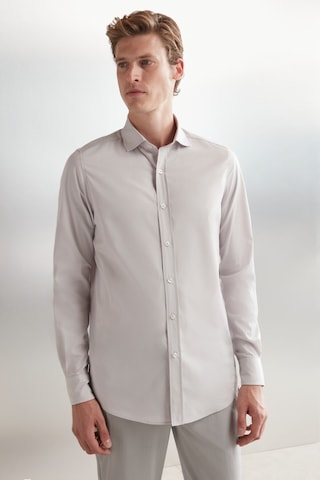 Grimelange Carlsten Erkek Slim Fit Italyan Yaka %100 Pamuk Poplin Açık Gri Gömlek