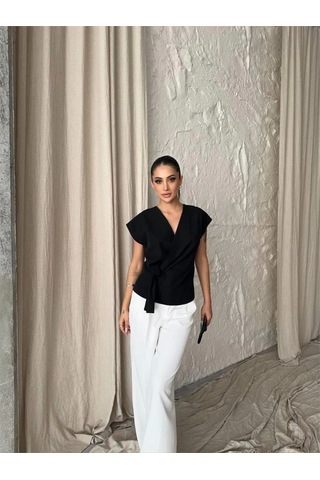 Defymoda Yandan Bağlama Detaylı Kolsuz Bluz - Siyah Siyah