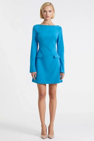 Benerly Kadın Mini Elbise Kayık Yaka Uzun İspanyol Kol Cep Detaylı Dokuma Mavi