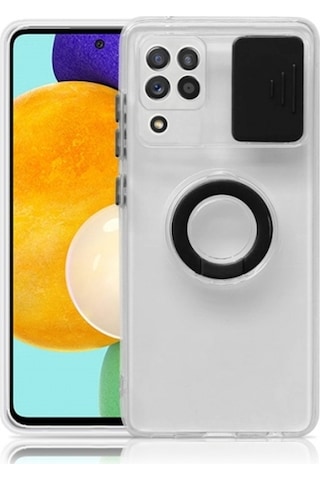 More Tr Sm Galaxy A12 M12 F12 Kılıf Sürgülü Kamera Lens Korumalı Yüzük Standlı Silikon Kılıf Siyah
