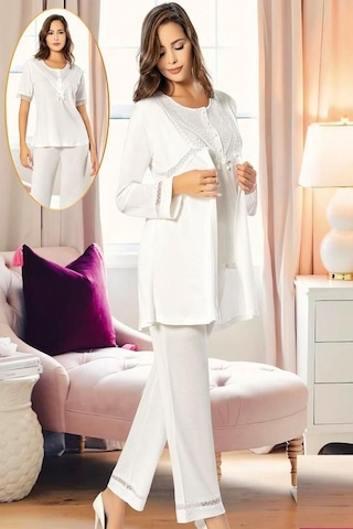 Xses 4850 Kadın Hamile Lohusa Sabahlıklı Pijama Takım-ekru