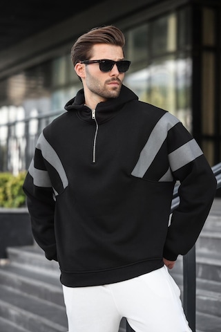 Madmext Siyah Fermuarlı Yaka Kapüşonlu Erkek Sweatshirt E7161 Siyah