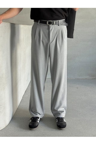 Erkek Pileli Baggy Kalıp Kumaş Pantolon Gri