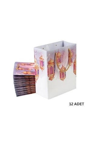 Ramazan Kandil Temalı Hediye Çantası, İpli Karton Çanta, İftar İkram Çantası, 20x25x12 Cm, 12 Adet Tüm Yaşlar