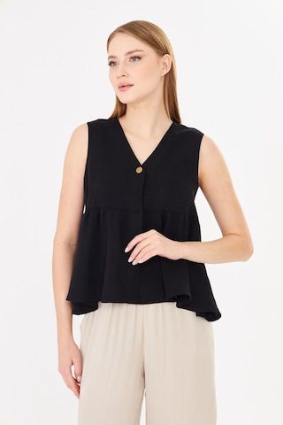 Sortie Collection V Yaka Tek Düğmeli Peplum Siyah Keten Bluz