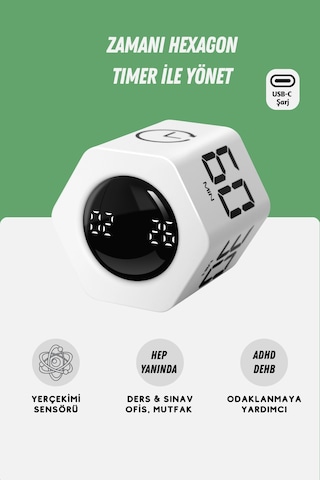 GWORKE Gt-2 Hexagon Zamanlayıcı, Flip Timer, Öğrenci Ders Çalışma Saati, Sınav Kronometresi, Mutfak - Beyaz