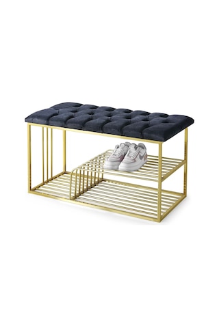 Kapitoneli Kapı Önü Metal Puf Bench Ayakkabılık Mavi
