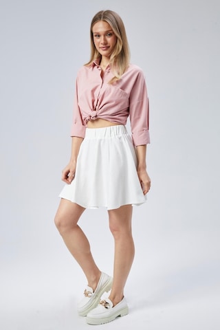 Nurören Flamlı Keten Parçalı Kısa Kloş Kadın Etek-beyaz-02 Beyaz