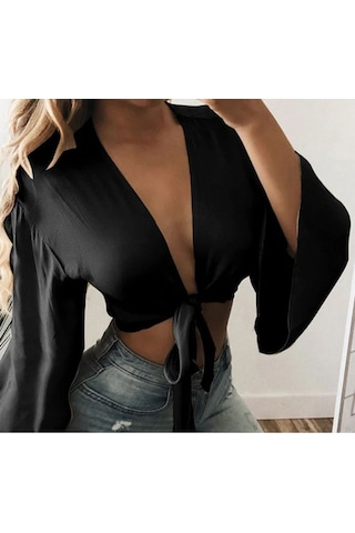 Fashion Cocktail Saten Önden Bağlamalı Dekolte Gece Kokteyl Kombin Uzun Kol Krop Bluz Siyah