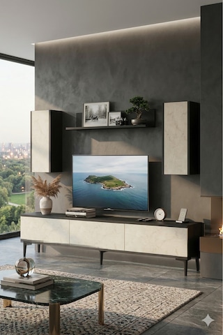 Tvr1899at - Aplos Tvr180 Tv Ünitesi Takım , Tv Sehpası Antrasit-traverten Kapak 180cm
