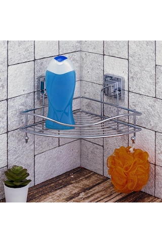 Easyfix Yapışkanlı Banyo Rafı Şampuanlık Kancalı Köşe Rafı Krom Gümüş