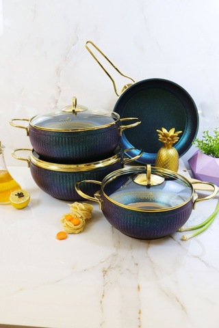 Evita 7 Parça Granit Cam Kapaklı Küre Güveç Tencere Seti Yeşil