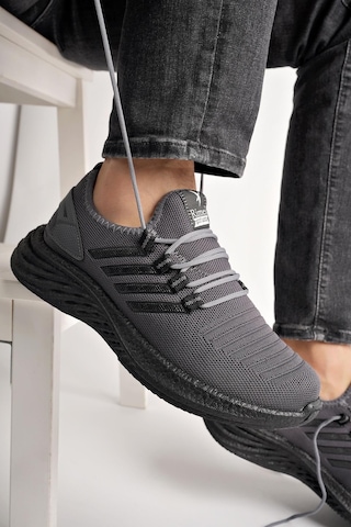 Muggo Montag Garantili Günlük Ortopedik Kaymaz Taban Bağcıklı Çizgili Erkek Sneaker Spor Ayakkabı Füme