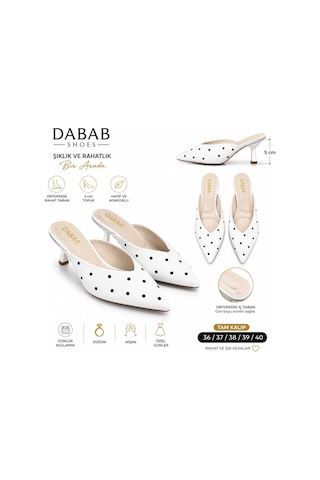 Dabab Shoes Sevılla Puantiye Desenli Beyaz Saten Sivri Burunlu 5 Cm İnce Topuklu Mule Terlik