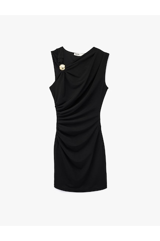 Koton Slim Fit Kolsuz Bisiklet Yaka Metal Aksesuarlı Mini Elbise Siyah 6sak80231fk