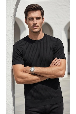 Plus Scorpion Erkek Slim Fit Triko Tişört Bisiklet Yaka Çizgili Modern Şık Tasarım Siyah